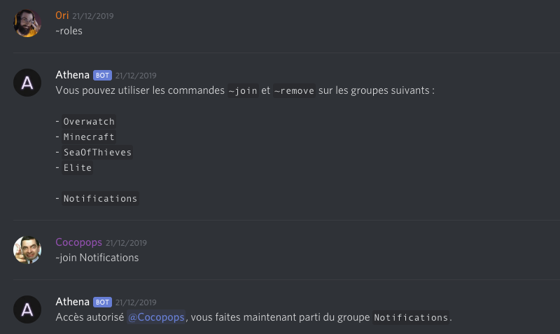 Usage des commandes ~roles et ~join